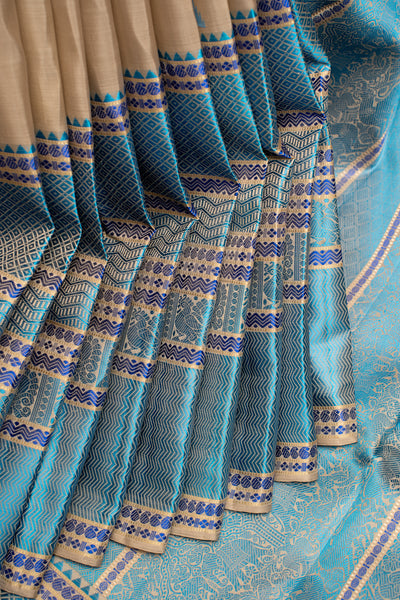 Beige and Blue Without Zari Pattu Pettu Pure Kanchipuram Silk Saree - Clio Silks