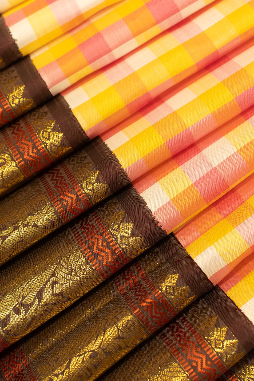 Pink and brown multi checks small&nbsp;Border Kanchipuram silk saree