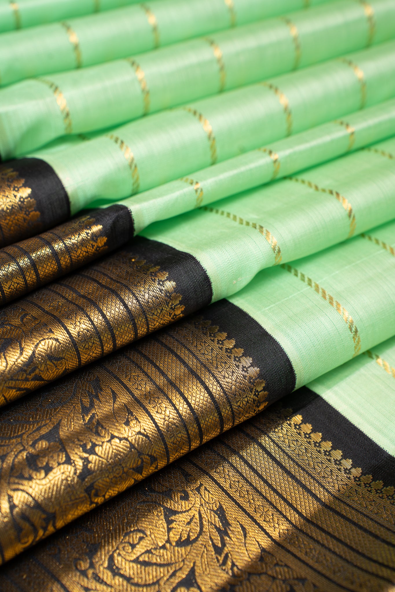 Mint Green and Black Pure Kanchipuram Silk Saree - Clio Silks