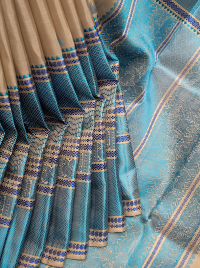 Beige and Blue Without Zari Pattu Pettu Pure Kanchipuram Silk Saree - Clio Silks