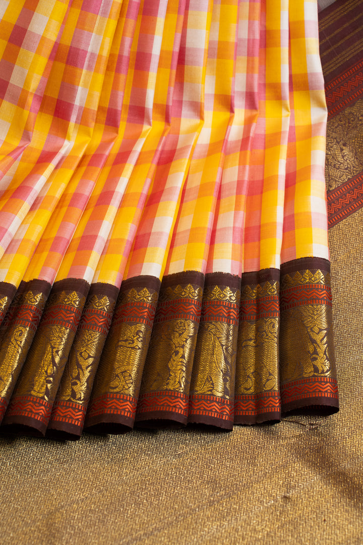 Pink and brown multi checks small&nbsp;Border Kanchipuram silk saree