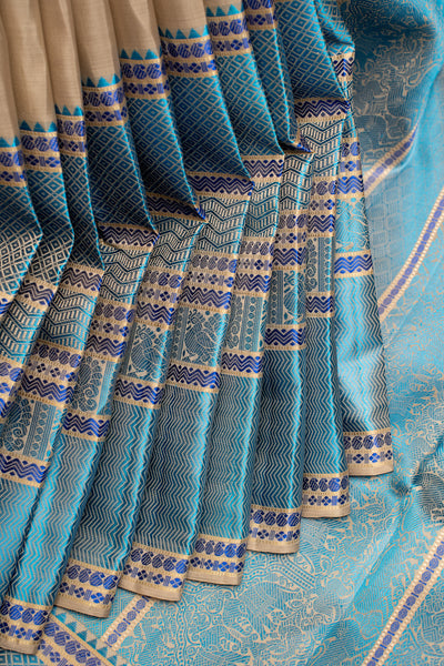 Beige and Blue Without Zari Pattu Pettu Pure Kanchipuram Silk Saree - Clio Silks