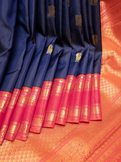 Navy Blue Rettai Pettu Pure Kanchipuram Silk Saree - Clio Silks