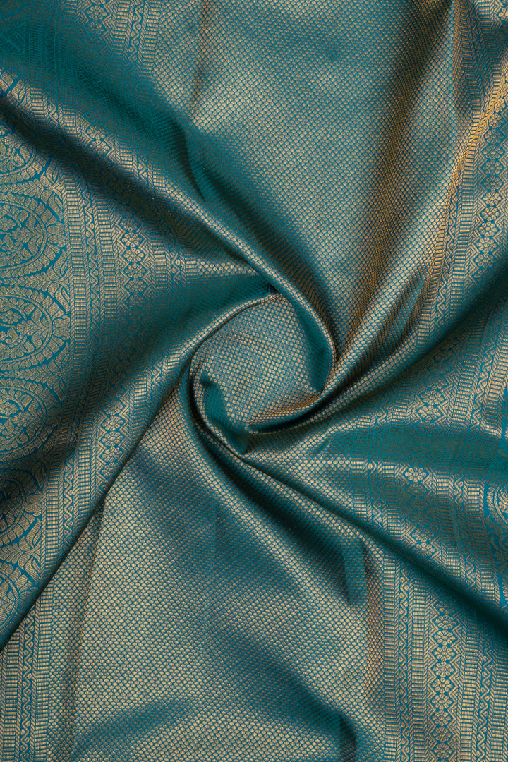 Peacock Blue Temple Brocade Pure Kanchipuram Silk Saree