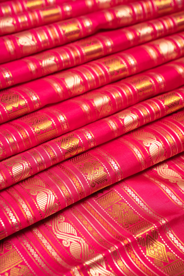 Pink and Green Varisaipettu Pure Zari Kanchipuram Silk Saree - Clio Silks