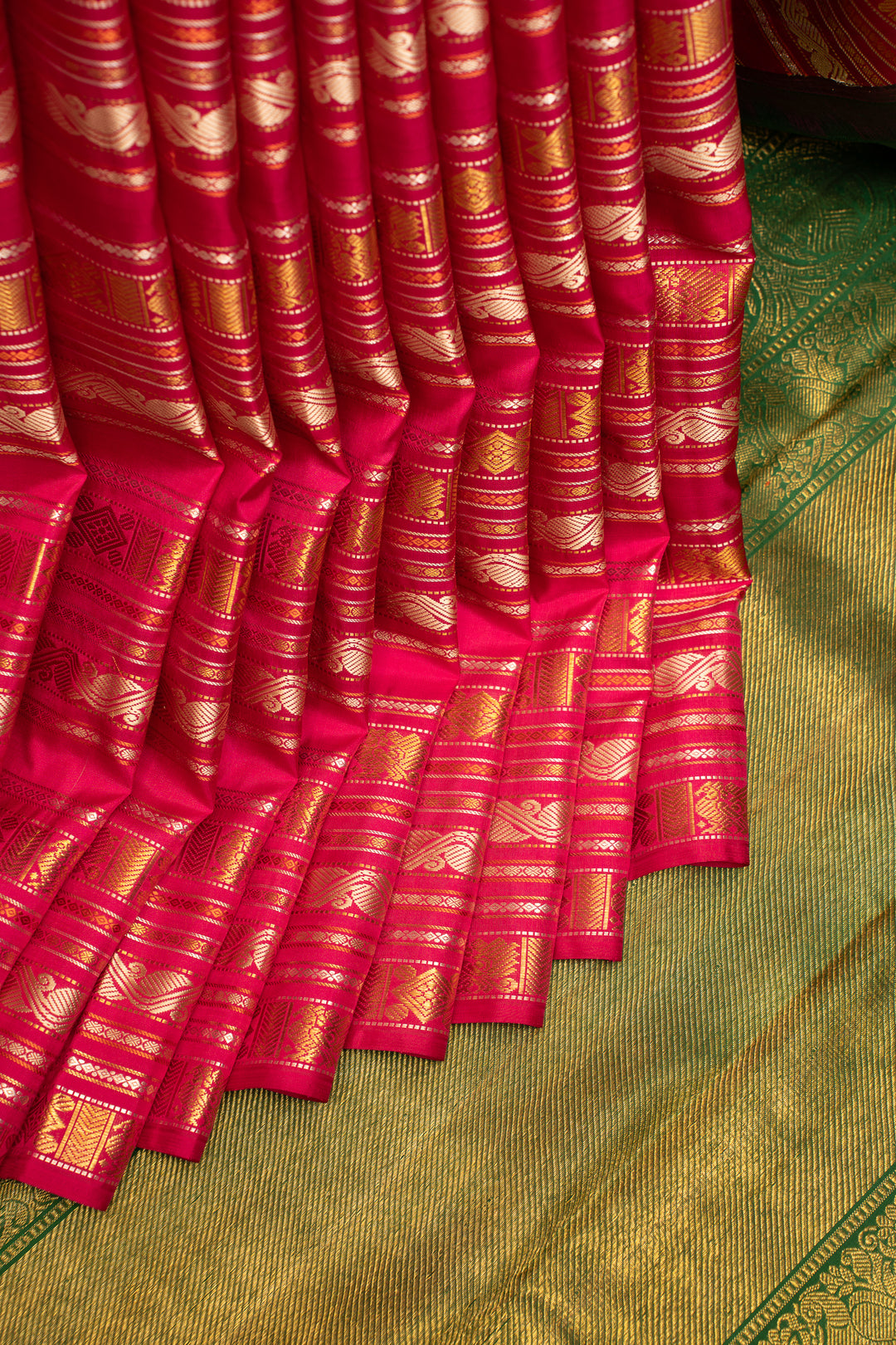 Pink and Green Varisaipettu Pure Zari Kanchipuram Silk Saree - Clio Silks