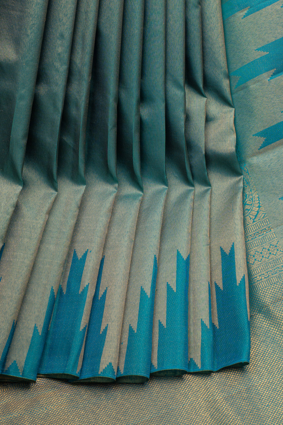 Peacock Blue Temple Brocade Pure Kanchipuram Silk Saree