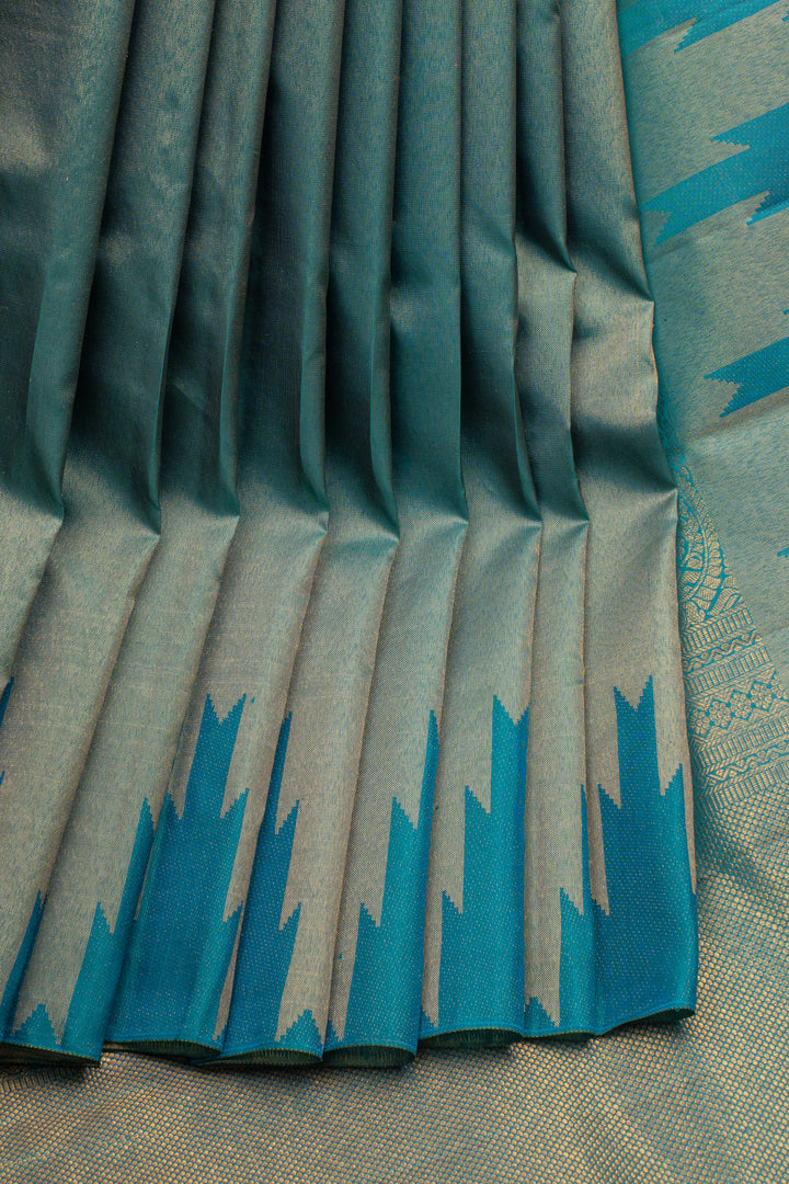 Peacock Blue Temple Brocade Pure Kanchipuram Silk Saree