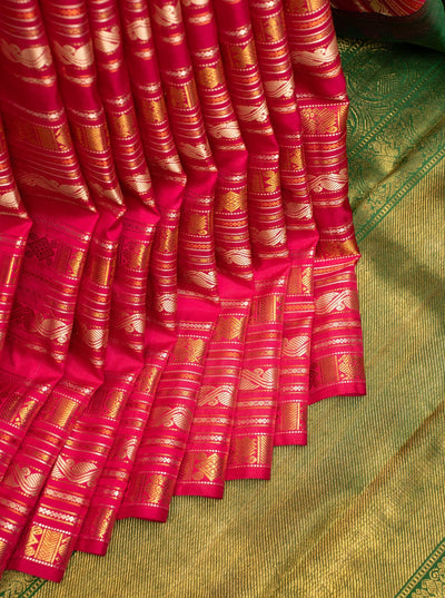 Pink and Green Varisaipettu Pure Zari Kanchipuram Silk Saree - Clio Silks