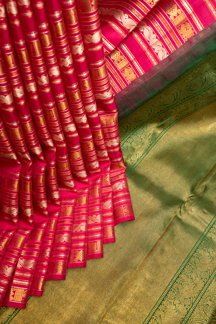 Pink and Green Varisaipettu Pure Zari Kanchipuram Silk Saree - Clio Silks