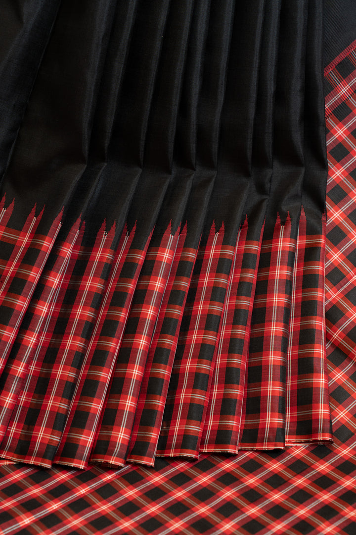 Black and red korvai checks without zari pure Kanchipuram silk saree