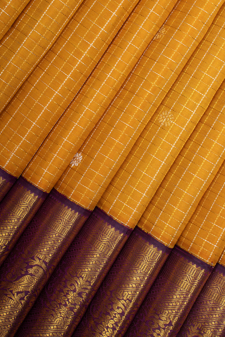 Mustard and Purple Zari Checks Classic Pure Kanchipuram Silk Saree