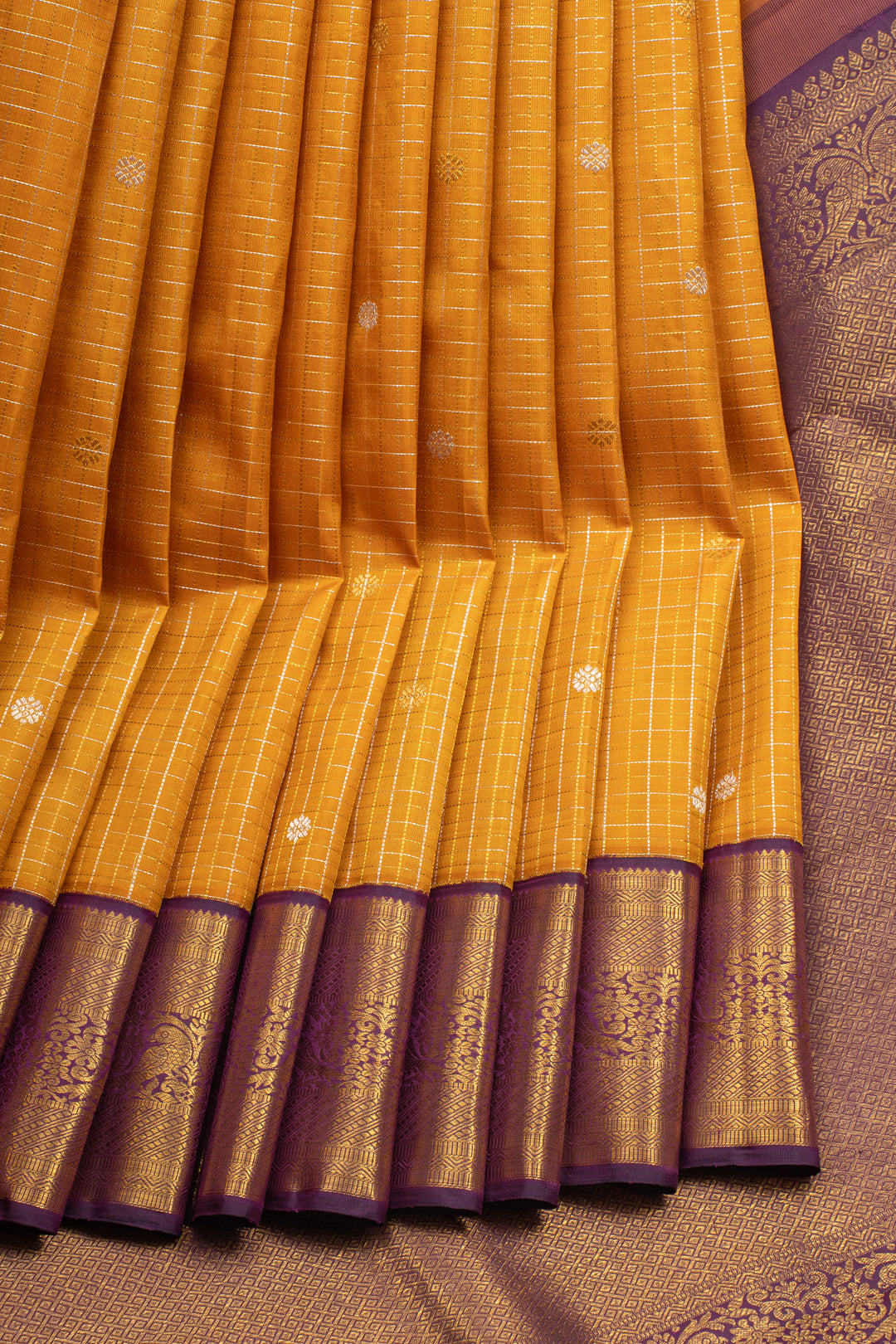 Mustard and Purple Zari Checks Classic Pure Kanchipuram Silk Saree