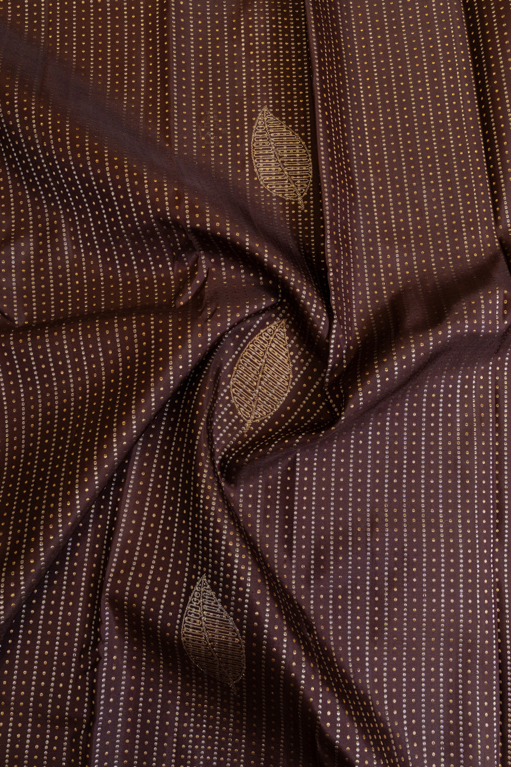 Brown borderless Muthu zari stripes pure Kanchipuram silk saree