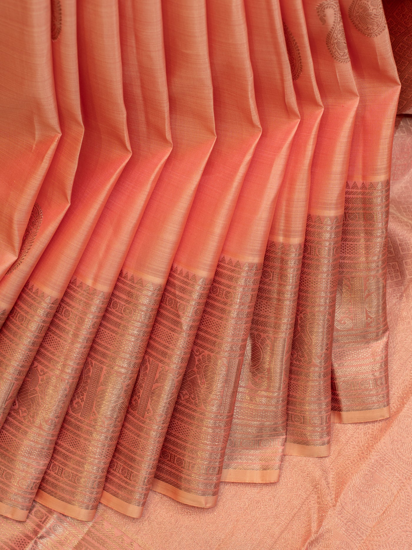 Flamingo peach pastel pure Kanchipuram silk saree