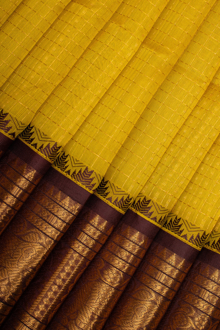 Yellow and Brown Zari Checks Pure Silk Cotton Saree