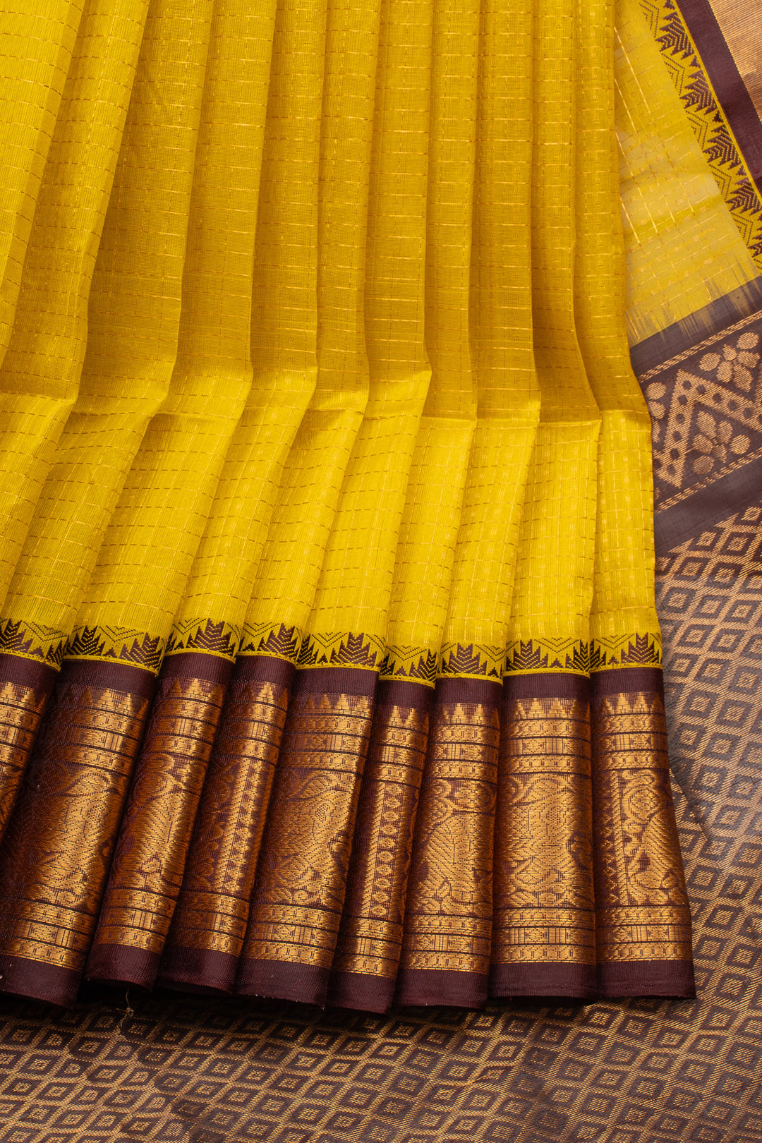 Yellow and Brown Zari Checks Pure Silk Cotton Saree