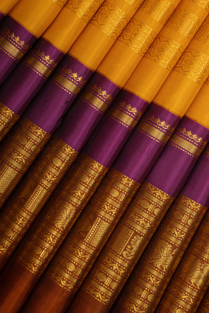 Mustard Stripes Ganga Jamuna Pure Kanchipuram Silk Saree