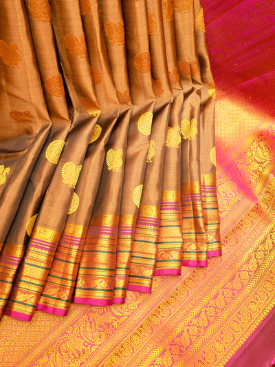 Khaki Gold Thread Motifs Kanchipuram Silk Saree