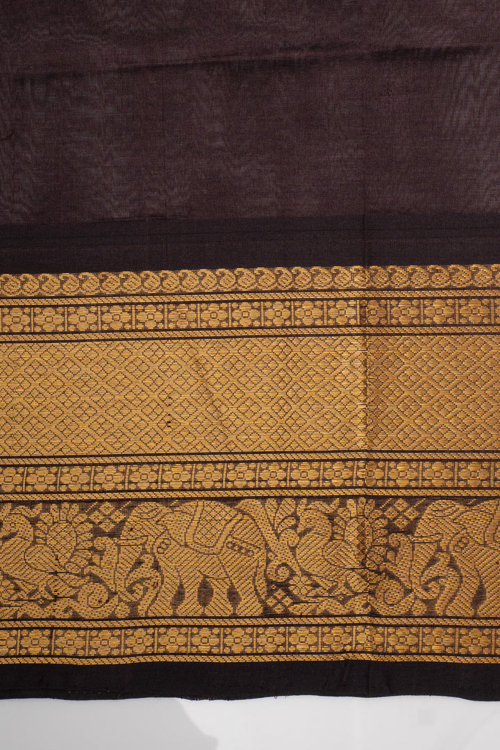 Brown Elephant Motifs Zari Checks Pure Silk Cotton Saree