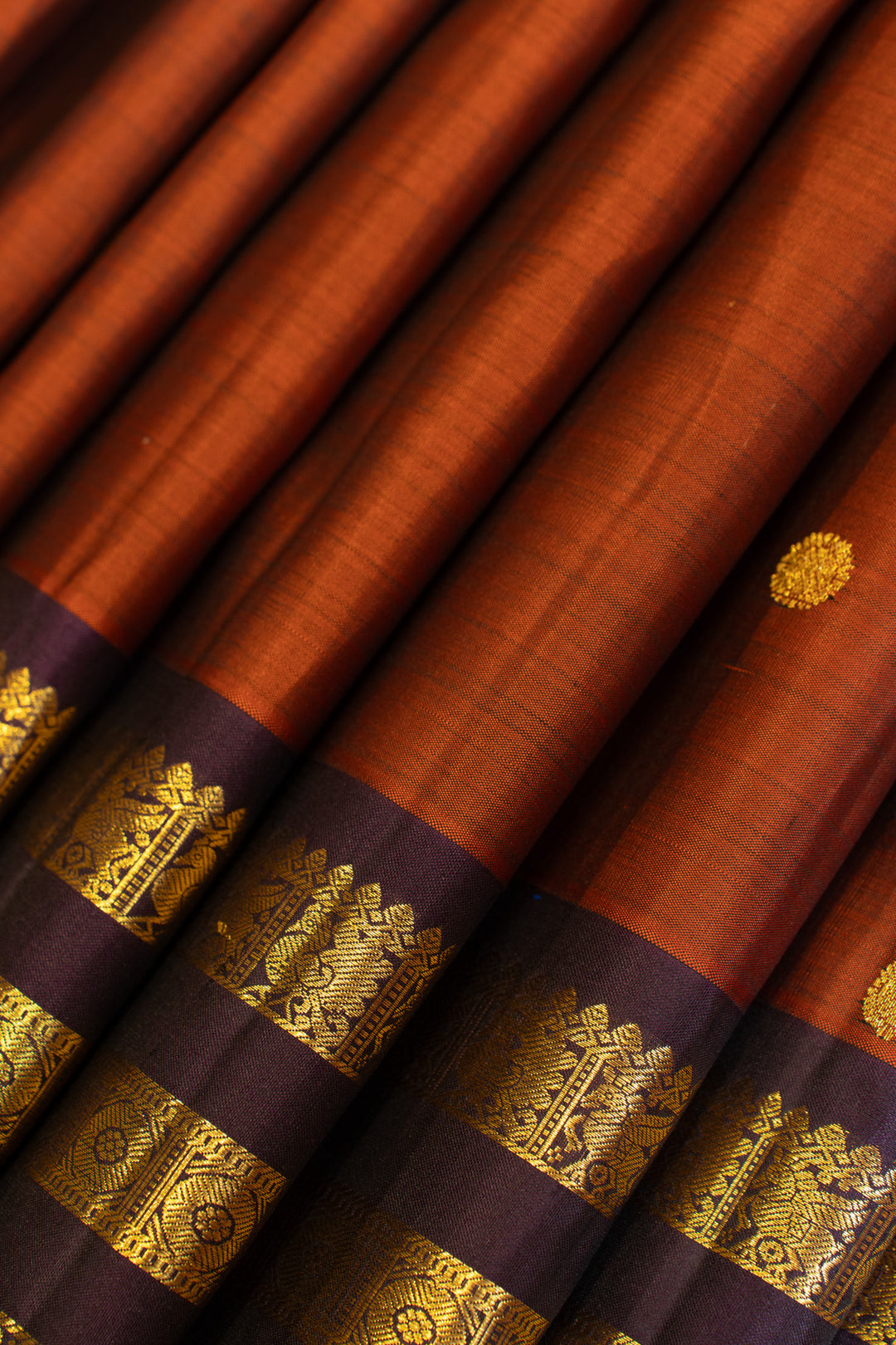 Rust maroon Varisaipettu pure Kanchipuram silk saree