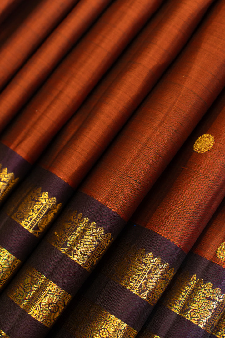 Rust maroon Varisaipettu pure Kanchipuram silk saree