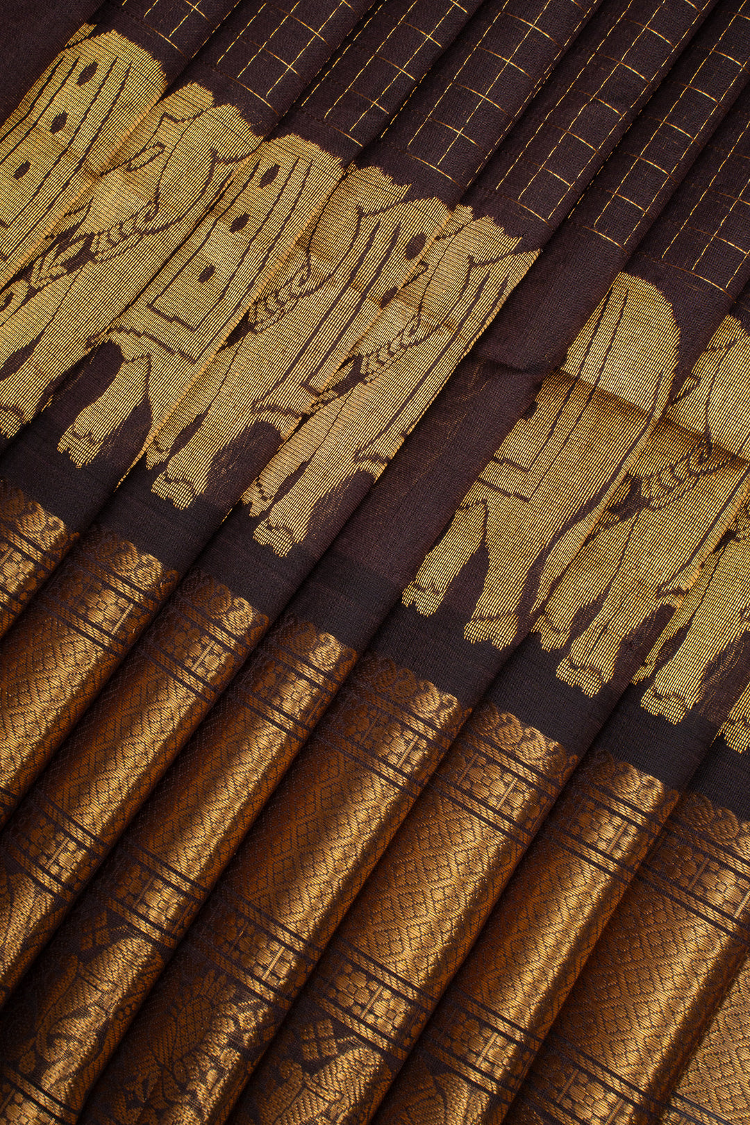 Brown Elephant Motifs Zari Checks Pure Silk Cotton Saree