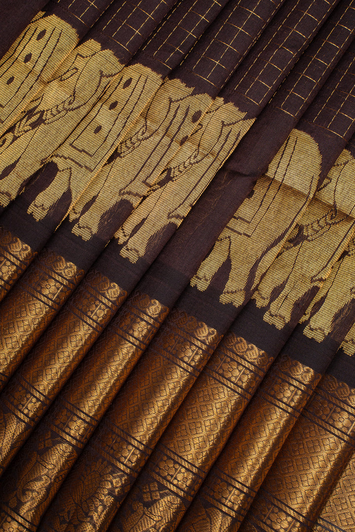 Brown Elephant Motifs Zari Checks Pure Silk Cotton Saree