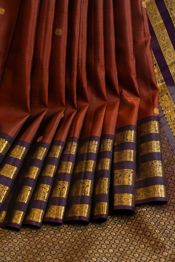 Rust maroon Varisaipettu pure Kanchipuram silk saree