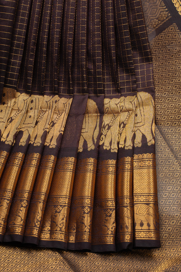 Brown Elephant Motifs Zari Checks Pure Silk Cotton Saree