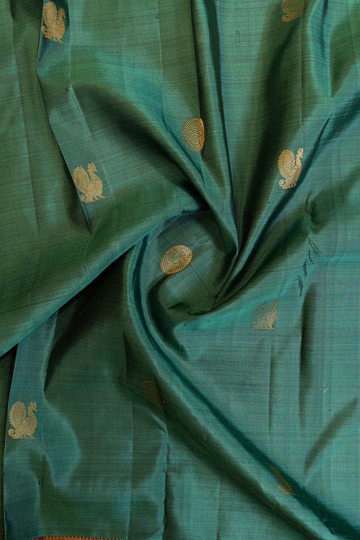 Peacock green and maroon pure Kanchipuram silk saree