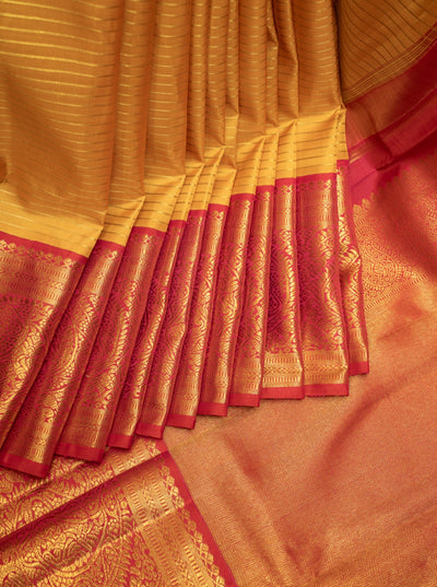 Golden Yellow stripes Pure Zari Kanchipuram Silk Saree - Clio Silks