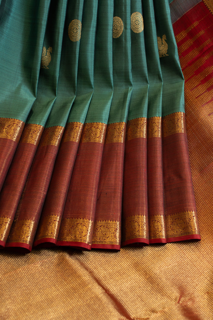 Peacock green and maroon pure Kanchipuram silk saree