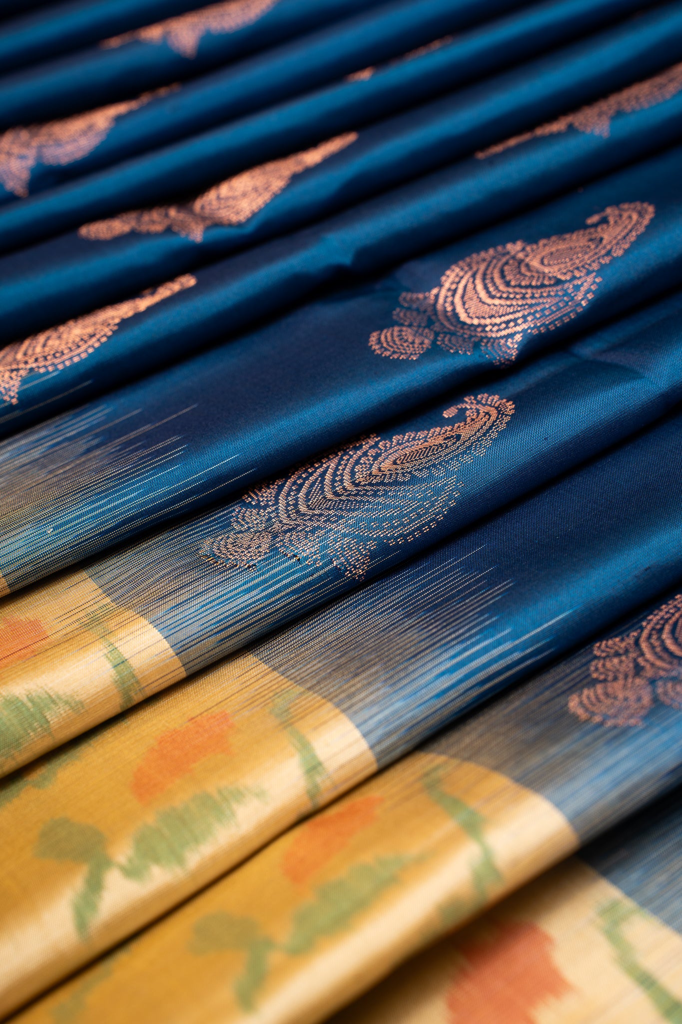 Sapphire Blue and Beige Pure Ikat Silk Saree - Clio Silks