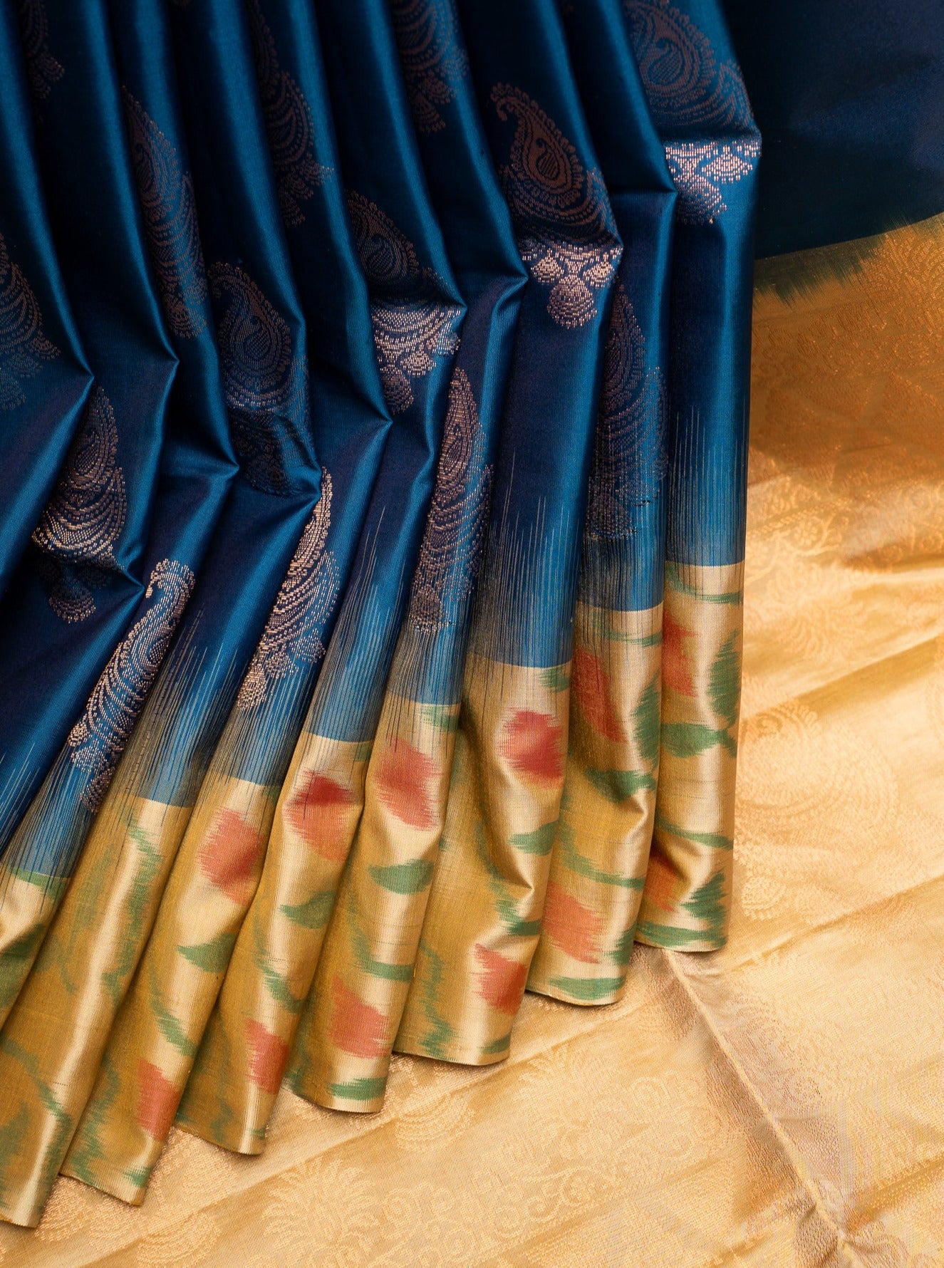 Sapphire Blue and Beige Pure Ikat Silk Saree - Clio Silks