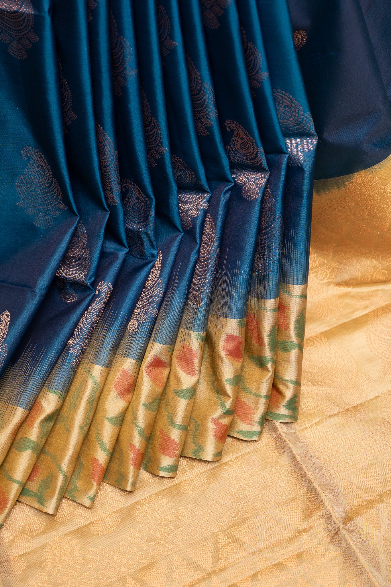 Sapphire Blue and Beige Pure Ikat Silk Saree - Clio Silks