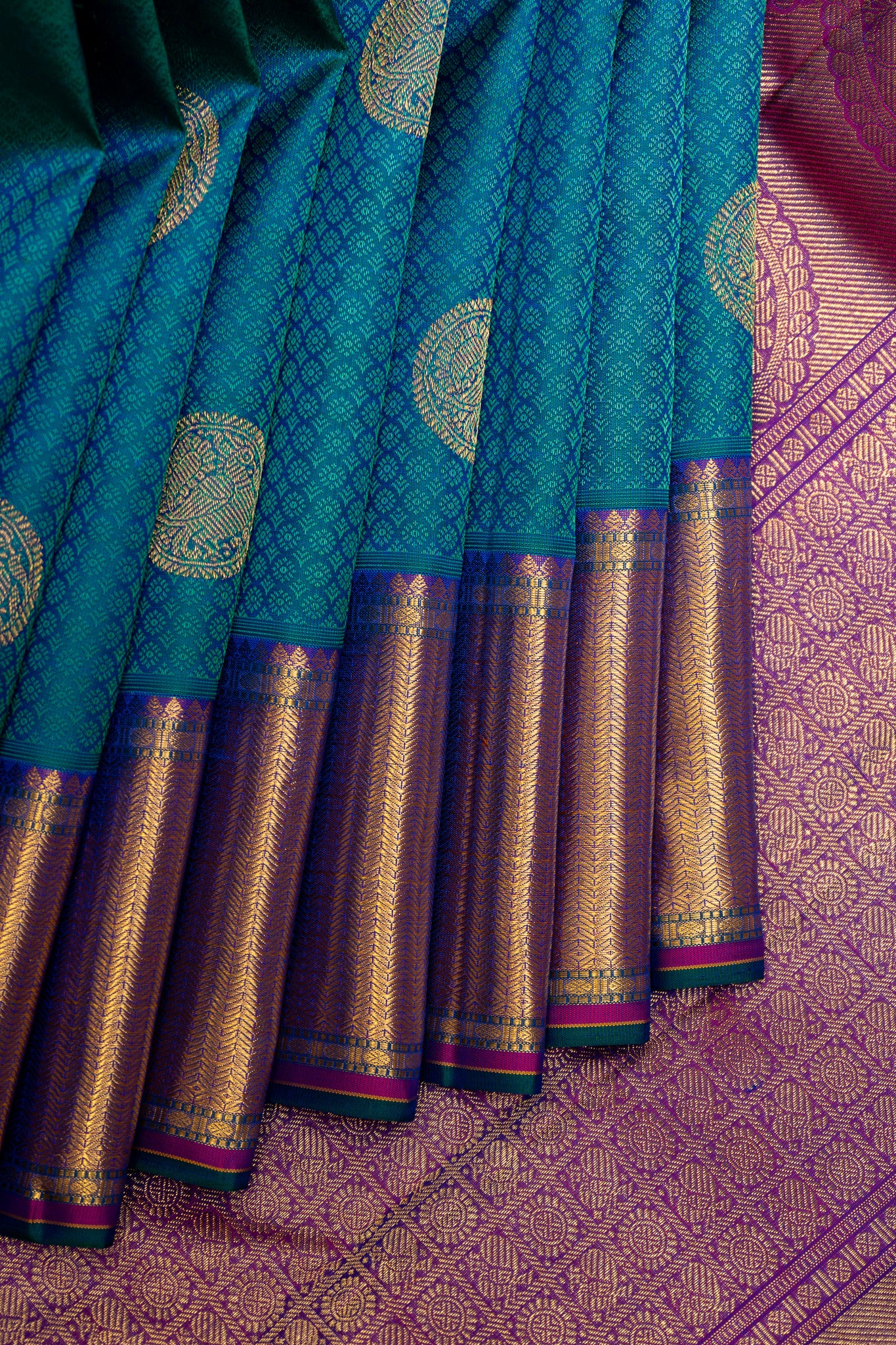Peacock Blue thread Brocade Pure Zari Kanchipuram Silk Saree - Clio Silks