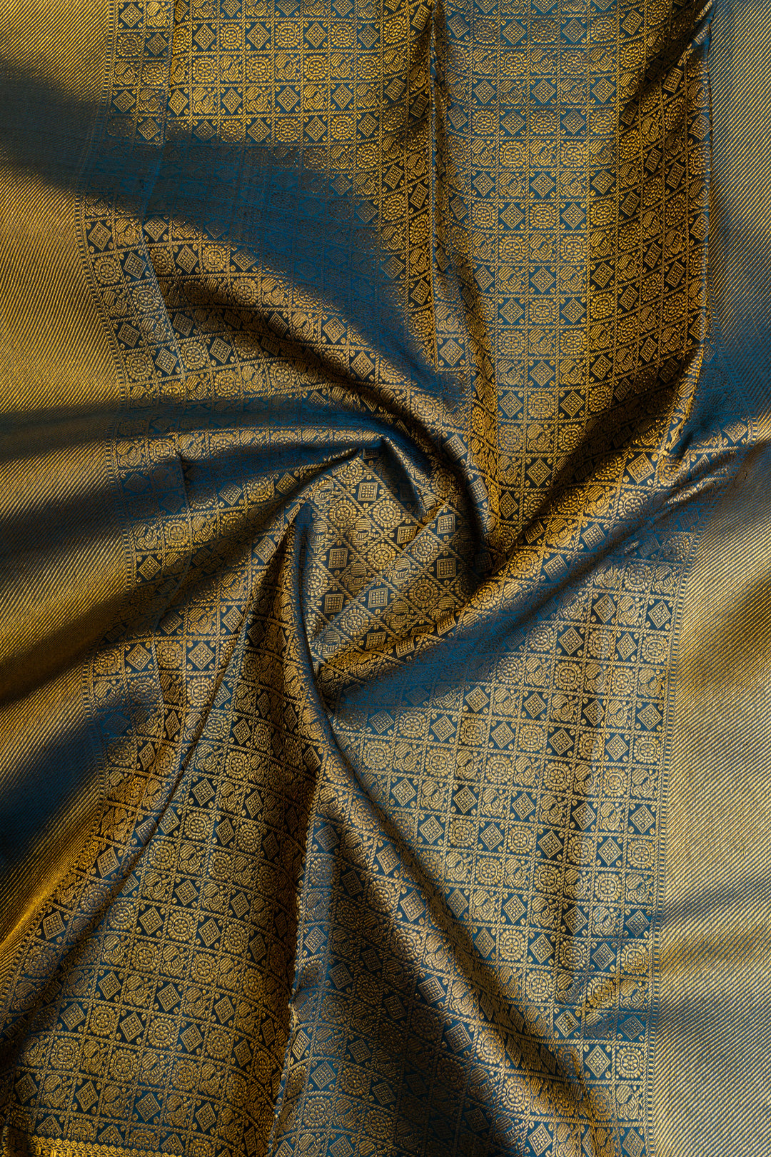 Grey and blue rettai pettu pure Kanchipuram silk saree