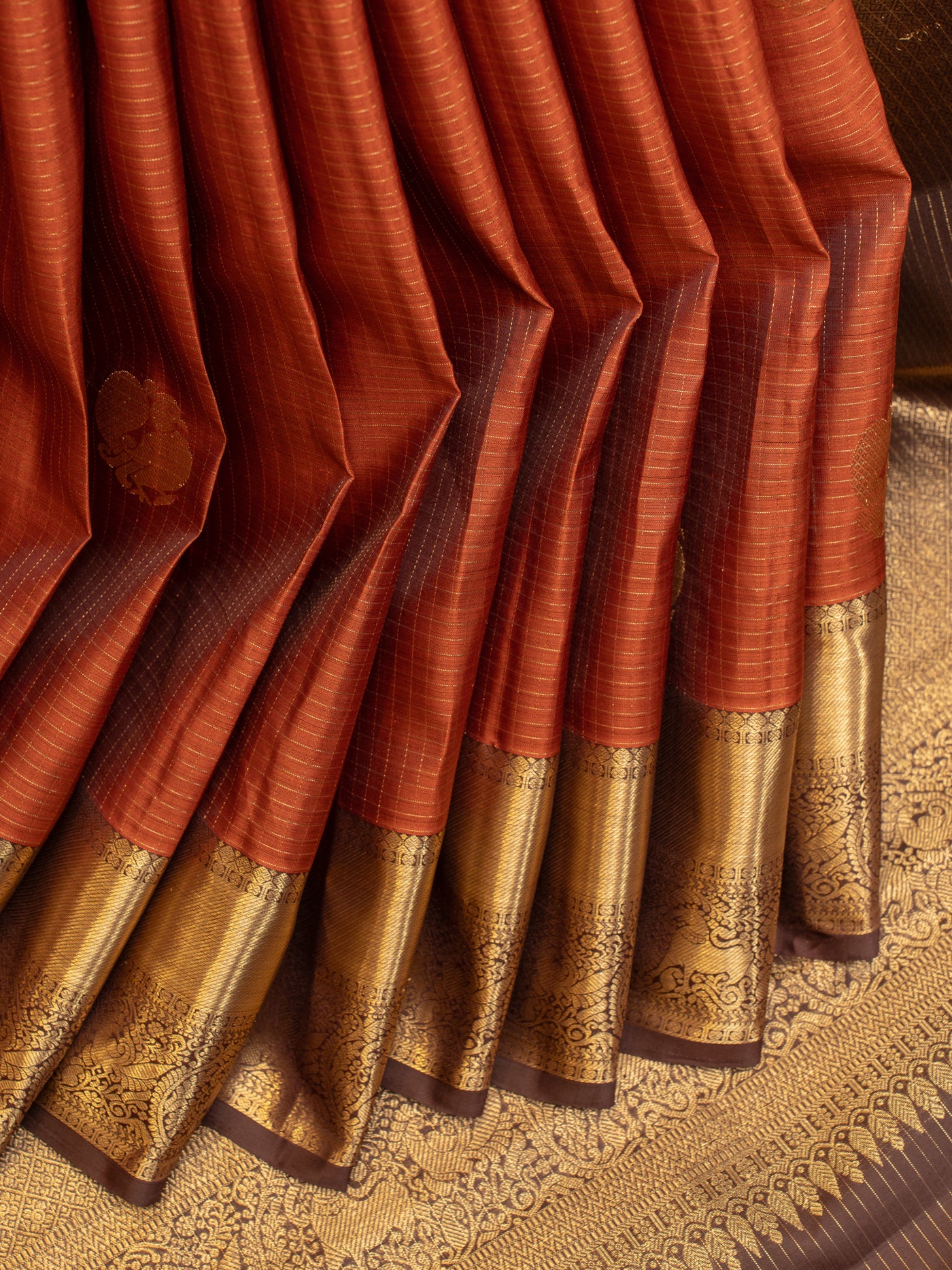 Rust orange zari checks pure Kanchipuram silk saree