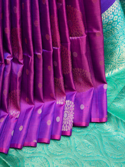 Purple and Cyan Pure Soft Silk Saree - Clio Silks