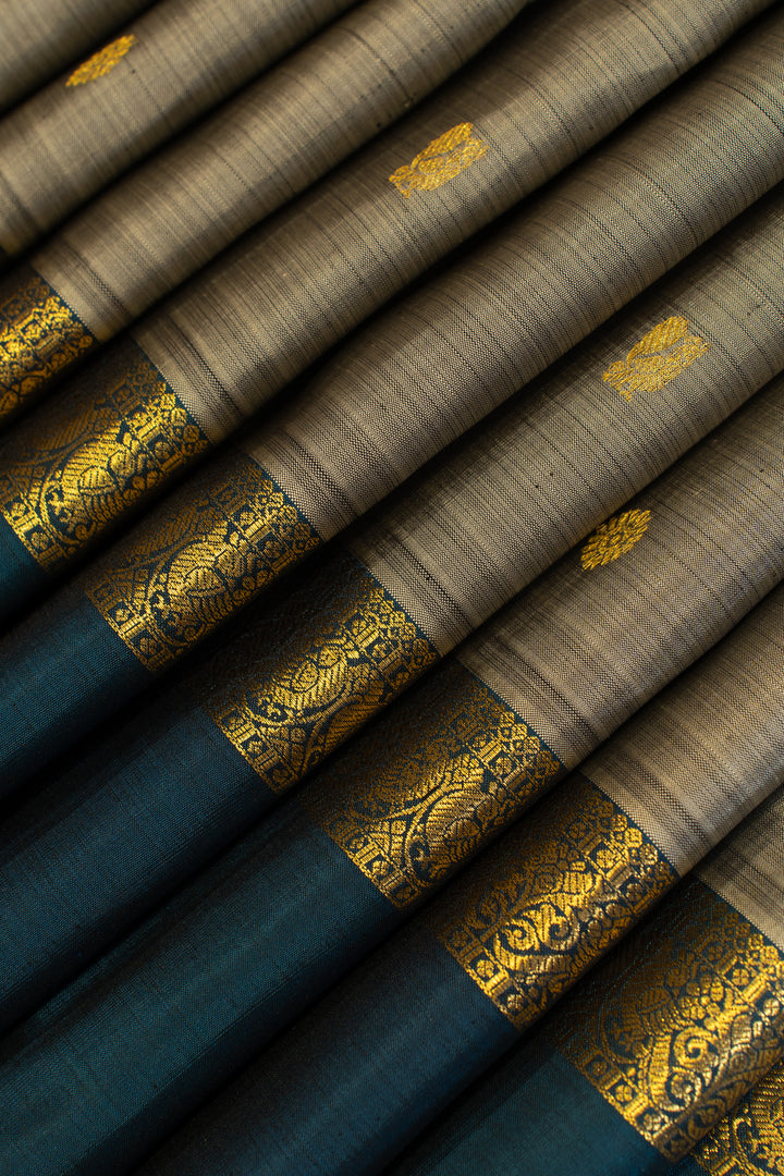 Grey and blue rettai pettu pure Kanchipuram silk saree
