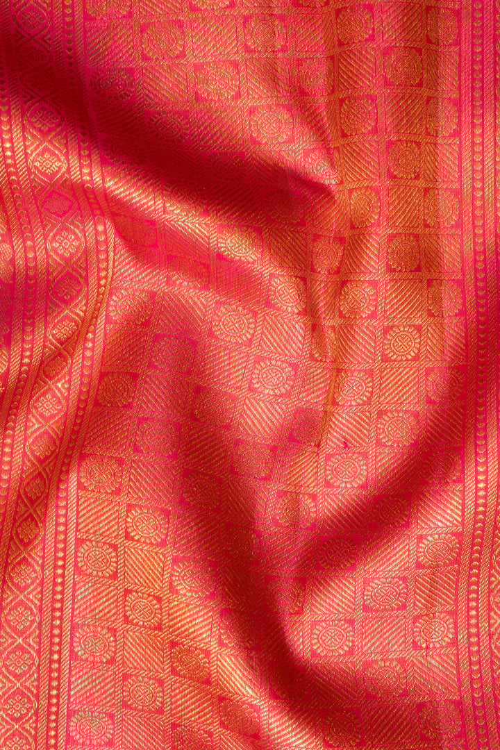 Peach Pink Thread Brocade Pure Zari Kanchipuram Silk Saree - Clio Silks