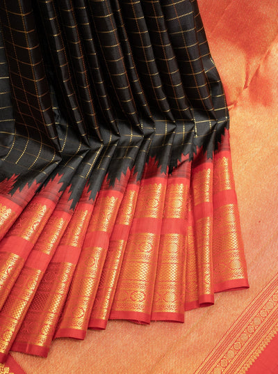 Black Zari Checks Rettai Pettu Pure Kanchipuram Silk Saree - Clio Silks