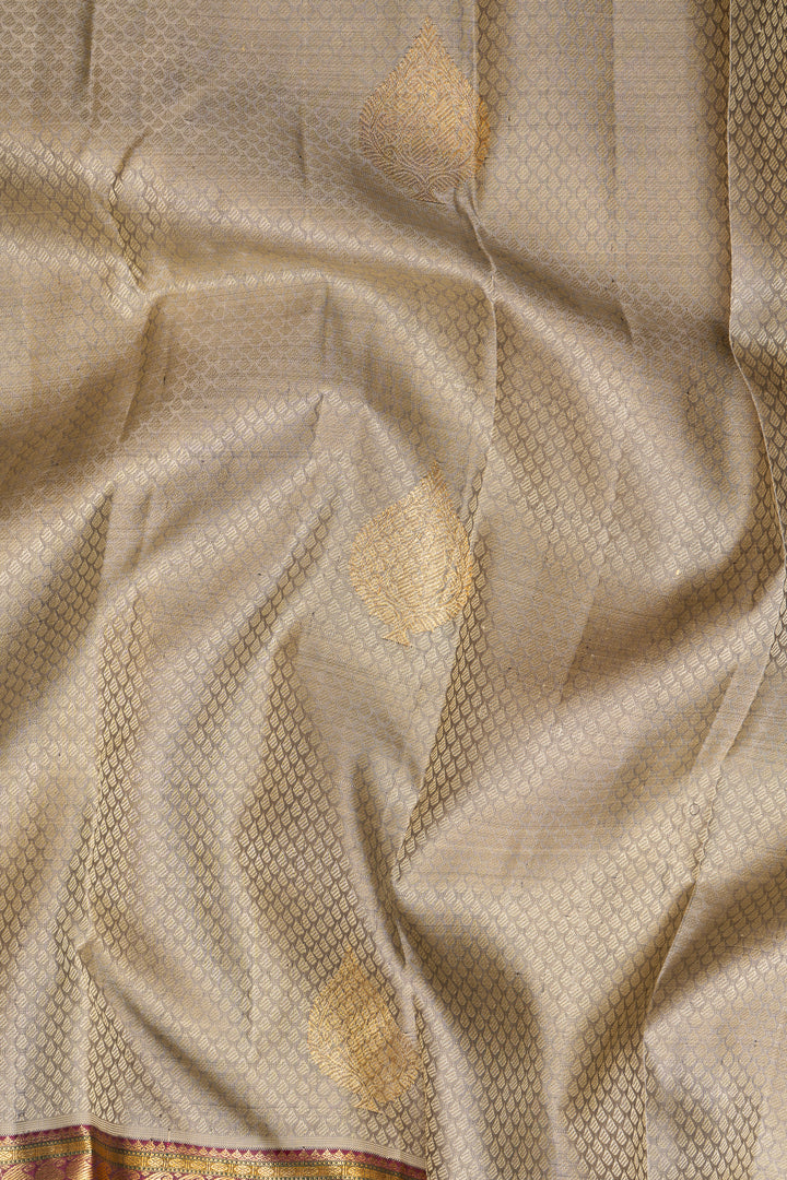 Beige Thread Brocade Pure Zari Kanchipuram Silk Saree - Clio Silks