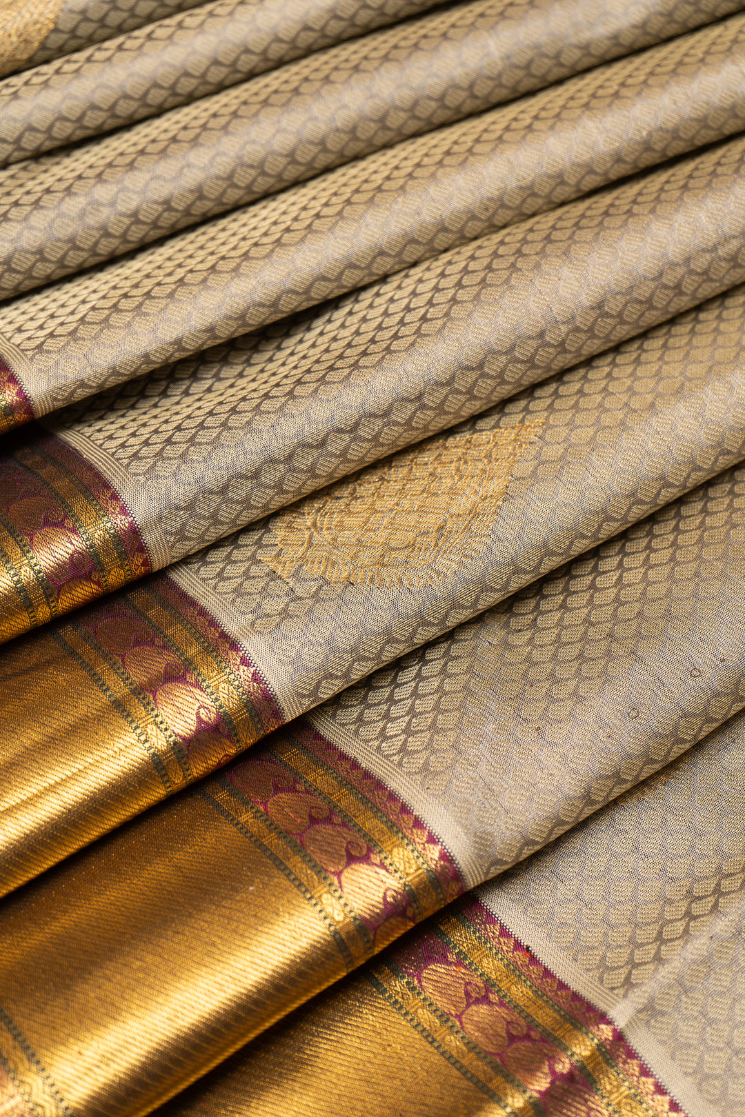 Beige Thread Brocade Pure Zari Kanchipuram Silk Saree - Clio Silks