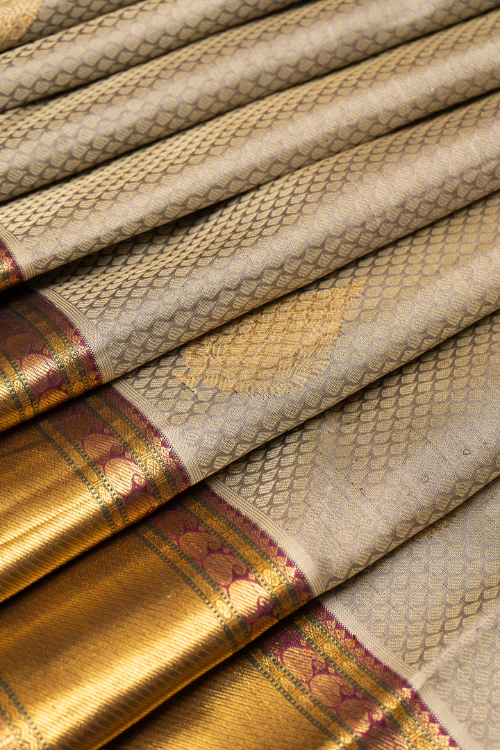 Beige Thread Brocade Pure Zari Kanchipuram Silk Saree - Clio Silks