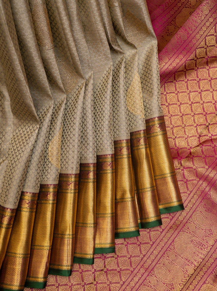 Beige Thread Brocade Pure Zari Kanchipuram Silk Saree - Clio Silks