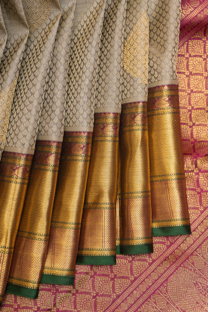 Beige Thread Brocade Pure Zari Kanchipuram Silk Saree - Clio Silks