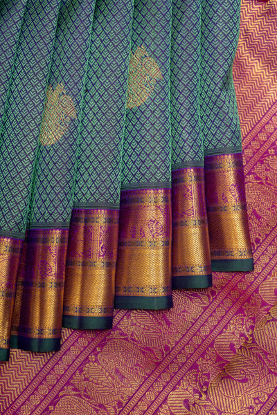 Peacock Blue Thread Brocade Pure Zari Kanchipuram Silk Saree - Clio Silks