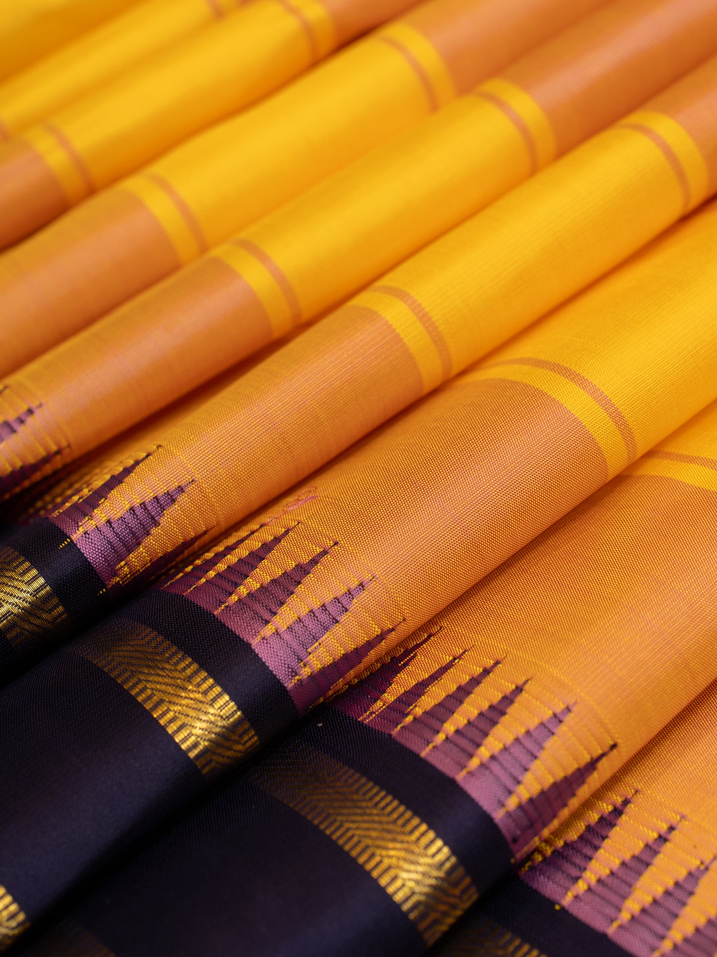 Yellow and peach stripes pure Kanchipuram silk saree